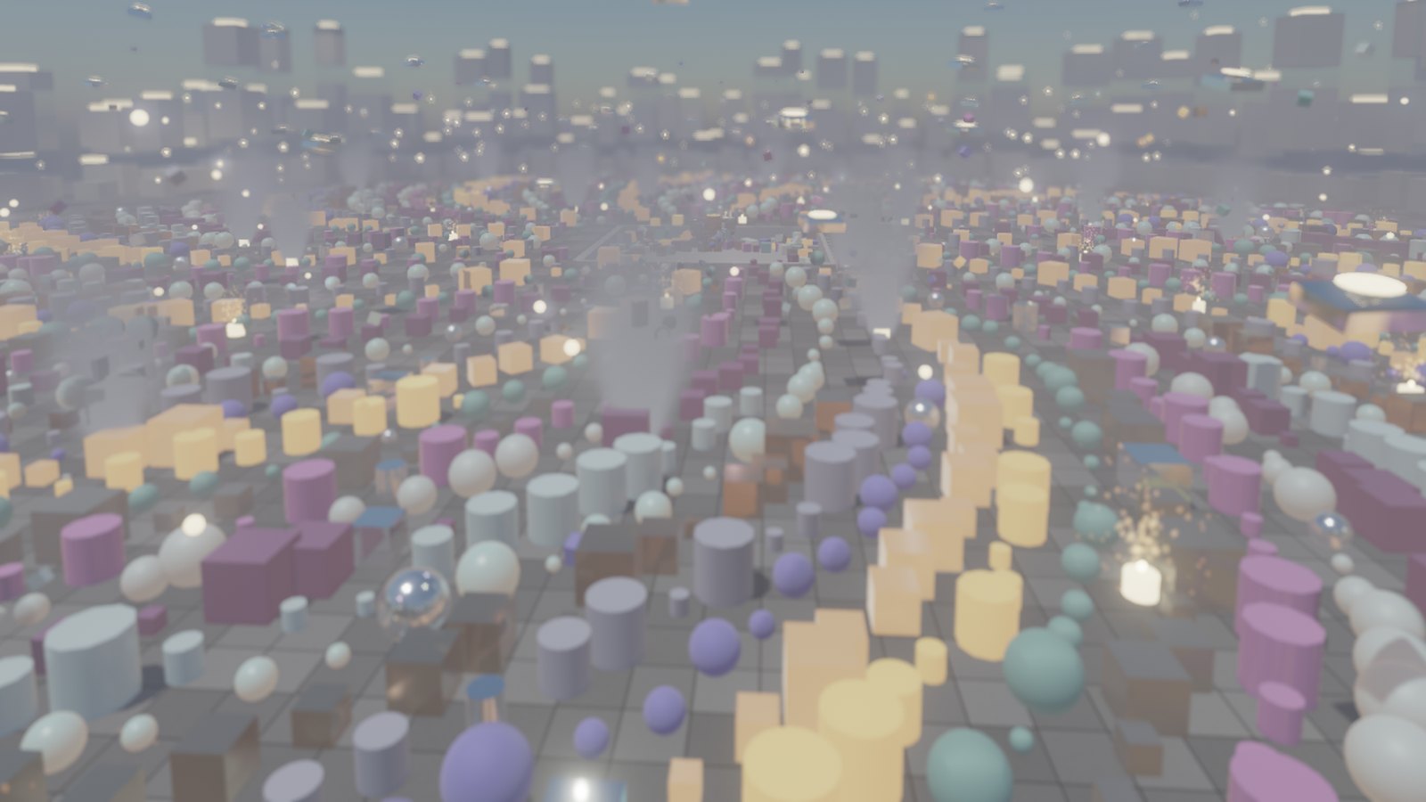 Thousands of props, lights and particles across a foggy arena