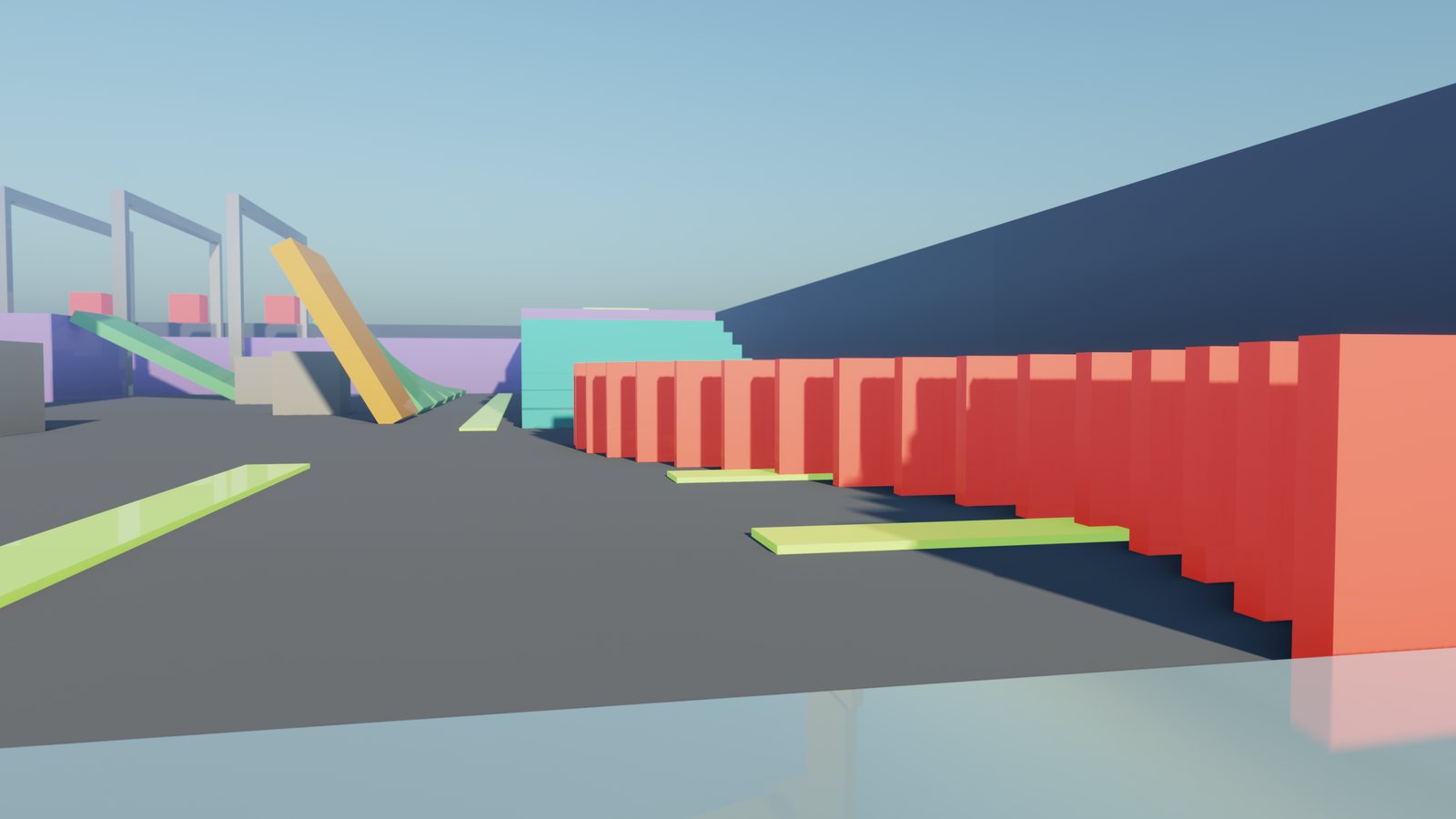 A line of dominoes beside a staircase