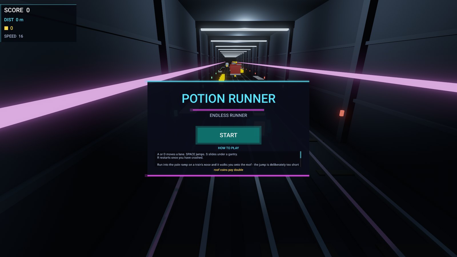 Potion Runner's title screen over a neon tunnel